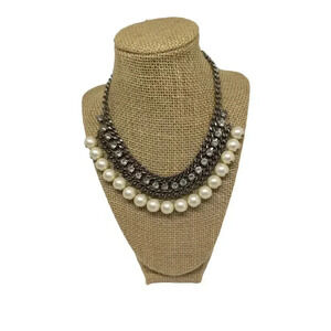 y2k Chunky Chain-link Statement Necklace Faux Pearls Princess Length Cream Silve